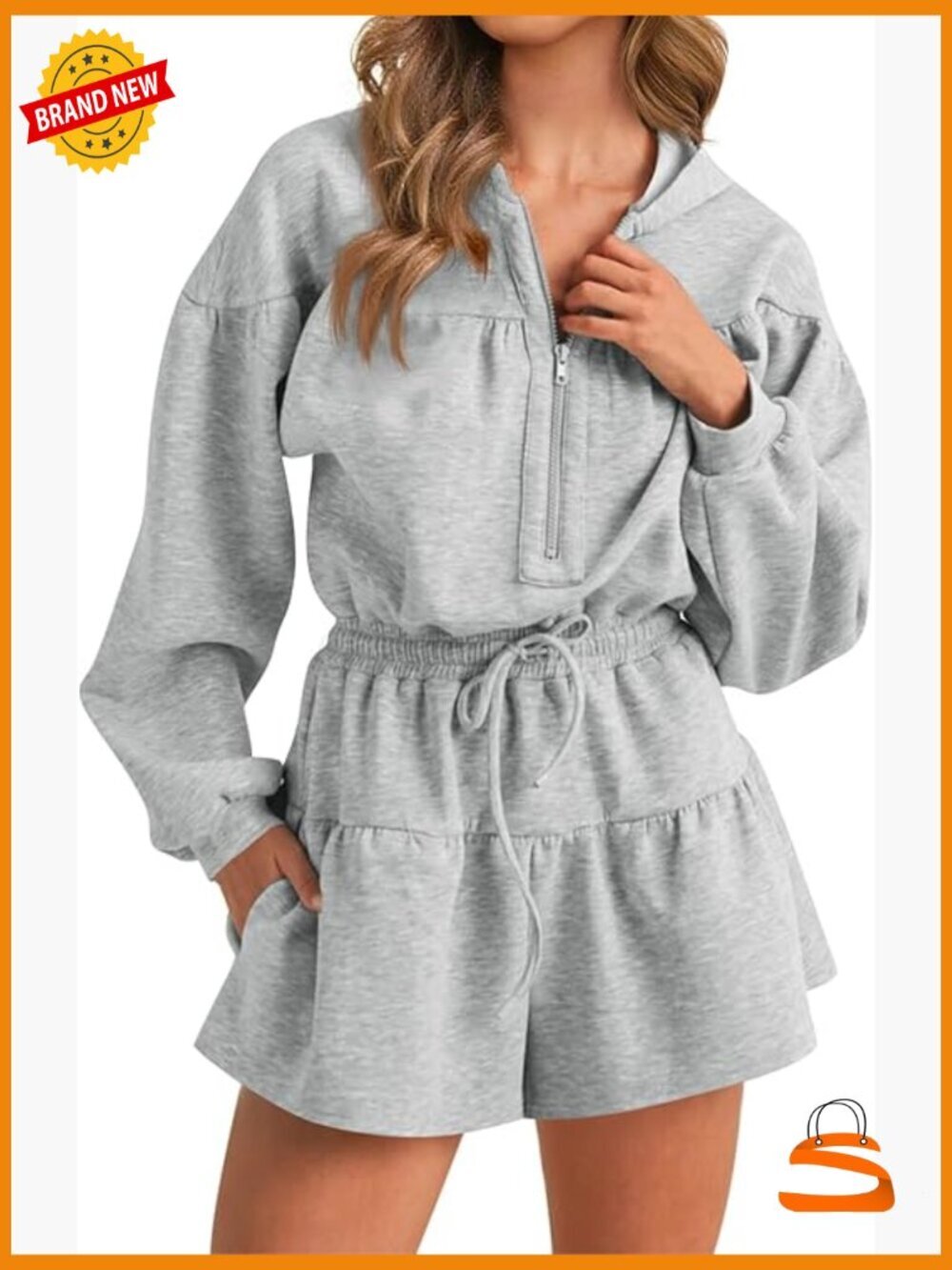 Half Zip Long Sleeve Hoodie Romper Jumpsuit with Pockets